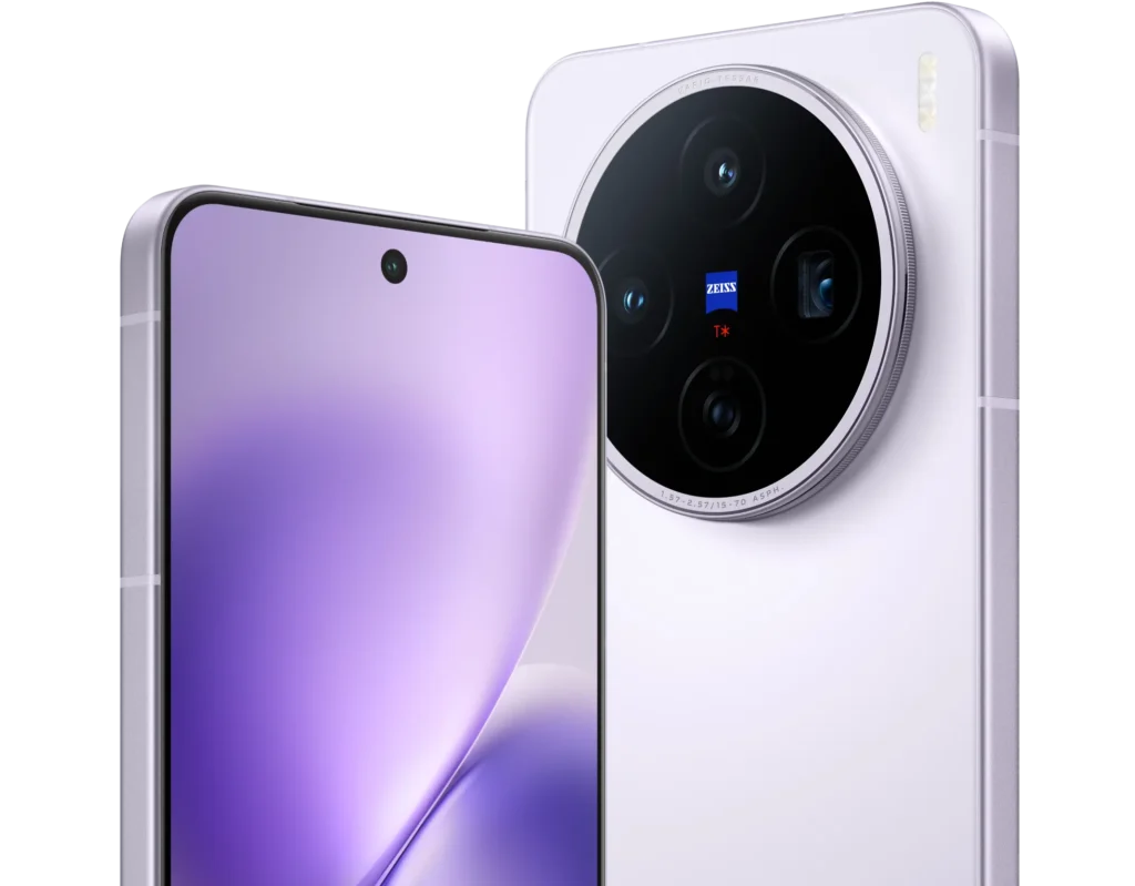 Vivo X200T Seaside Lilac close-up showing ZEISS T* camera module and front punch-hole display.