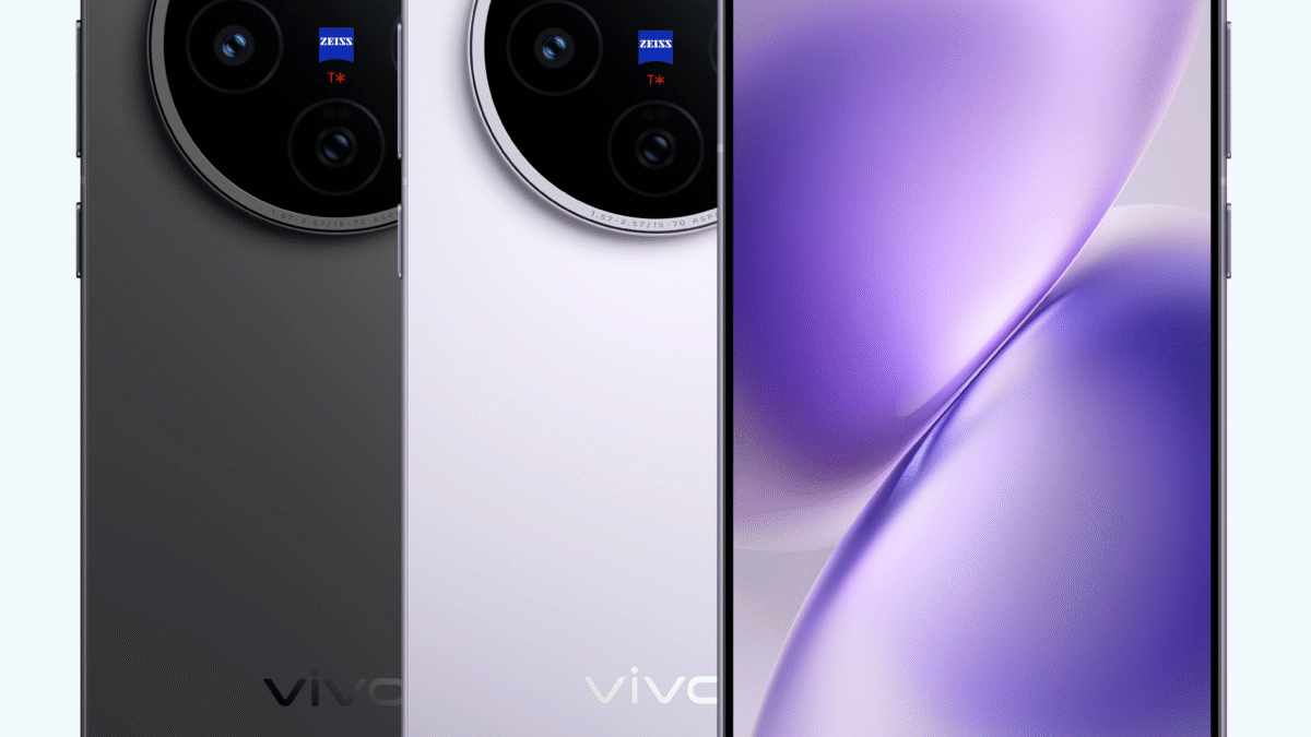 Vivo X200T color variants showing the back panel in Dark Grey and Seaside Lilac with flat AMOLED screen.