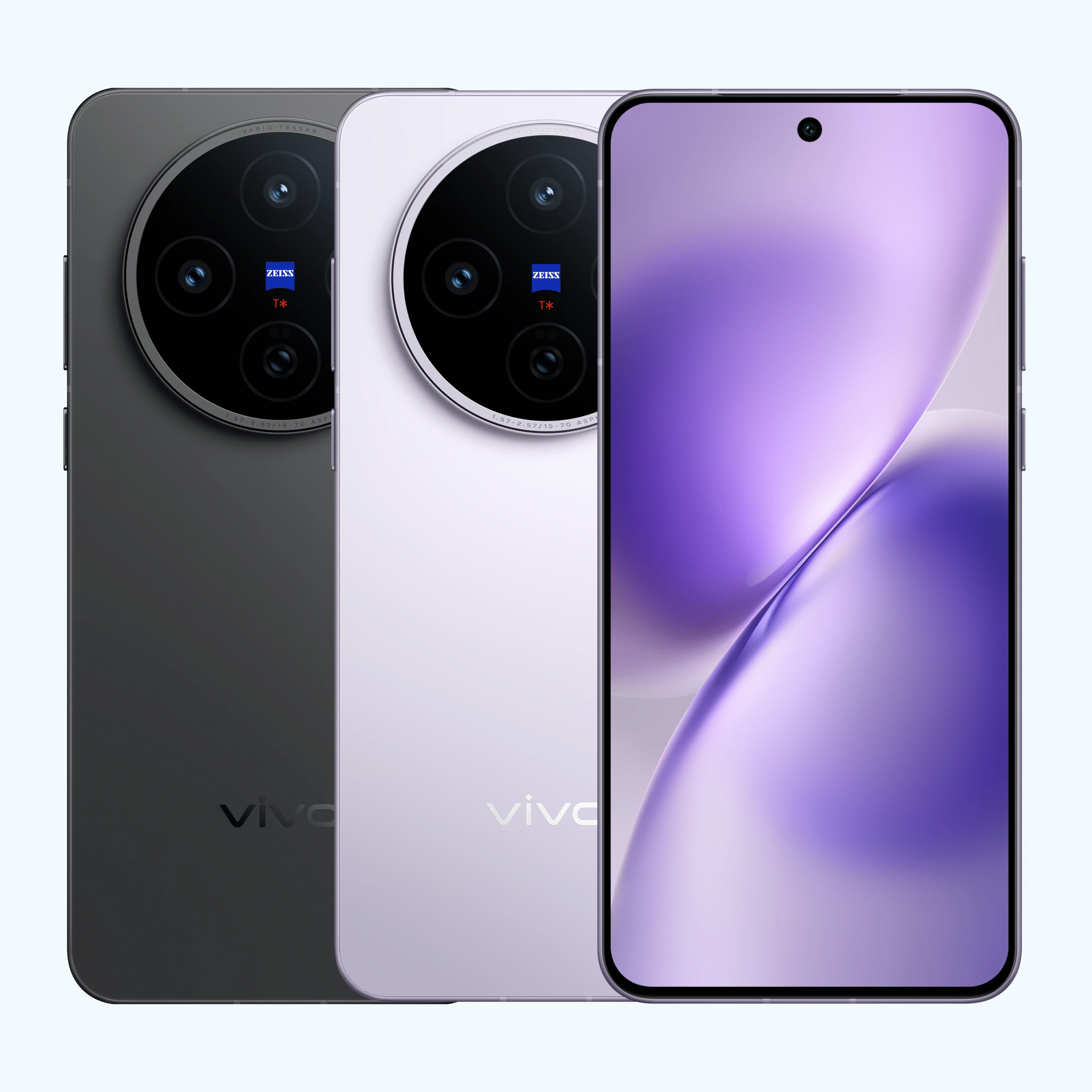 Vivo X200T color variants showing the back panel in Dark Grey and Seaside Lilac with flat AMOLED screen.