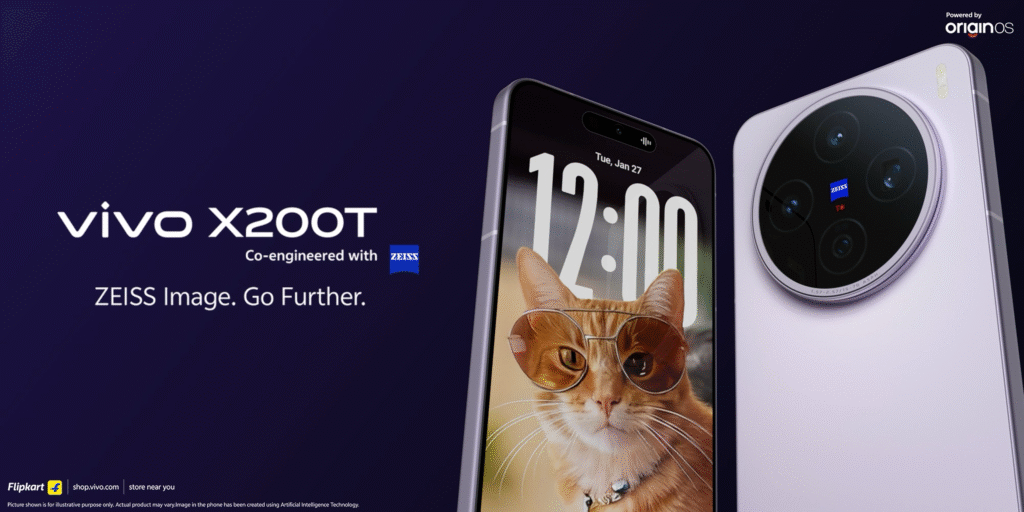 Vivo X200T official launch poster featuring ZEISS image branding and OriginOS power.