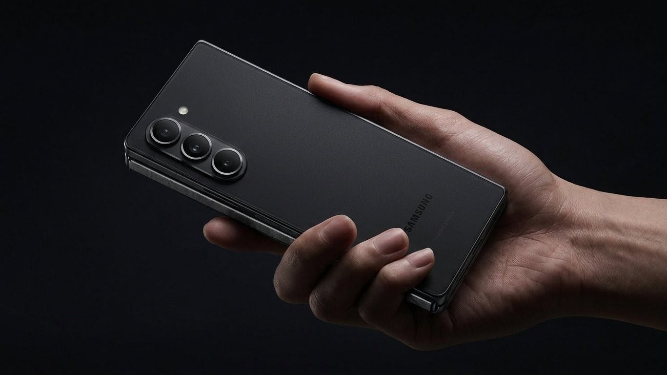 close-up shot of a person holding a premium matte black Samsung Galaxy Z Fold smartphone in a single hand against a dark, moody background. The phone is shown from the back, highlighting its triple-camera vertical setup and subtle branding.