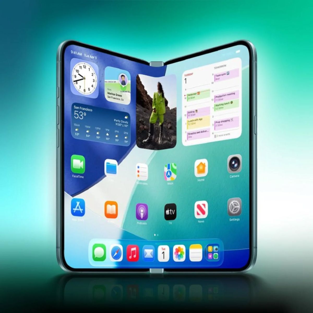 A premium foldable iPhone concept fully opened, showcasing a large seamless tablet-sized inner display with iPadOS style widgets, split-screen layout, and a clean hinge mechanism.