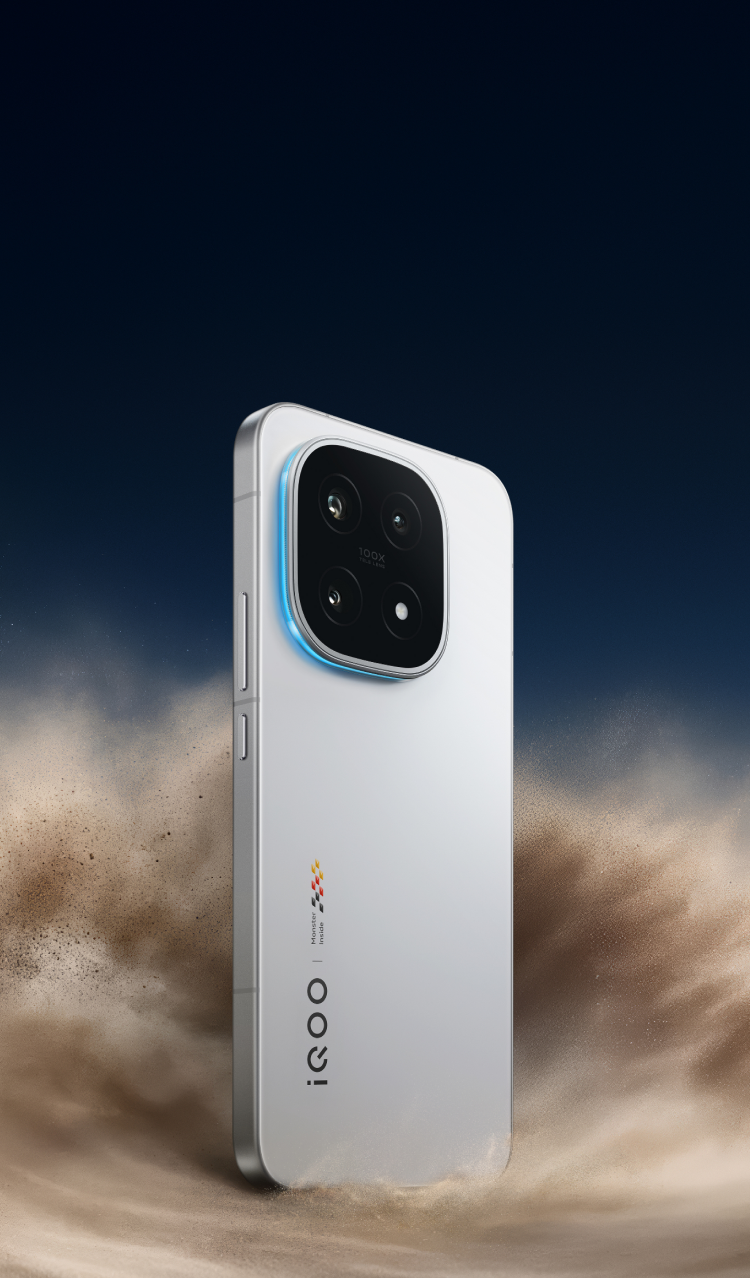 Stylish white iQOO 15T smartphone standing upright against a dramatic dust background, highlighting the sleek design and camera setup.