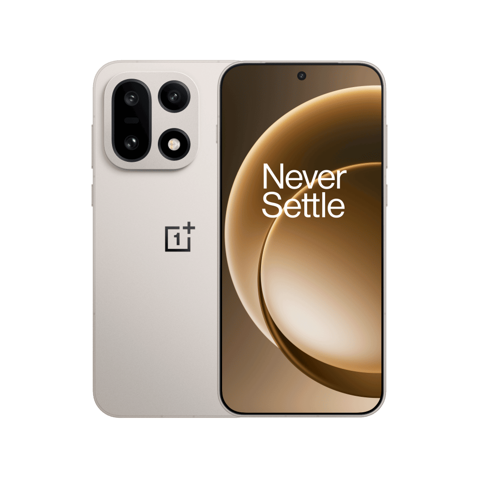OnePlus 15 5G premium gold or silver color variant showing front display and rear camera module design.