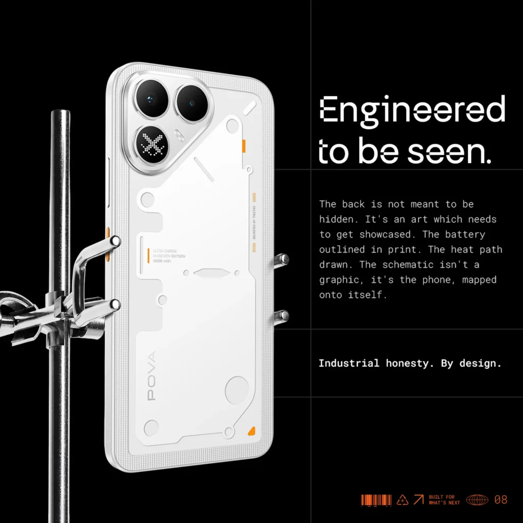 Tecno Pova 8 5G white color variant showcased on a laboratory stand highlighting its semi-transparent back panel with industrial honesty design and printed battery schematic outlines.