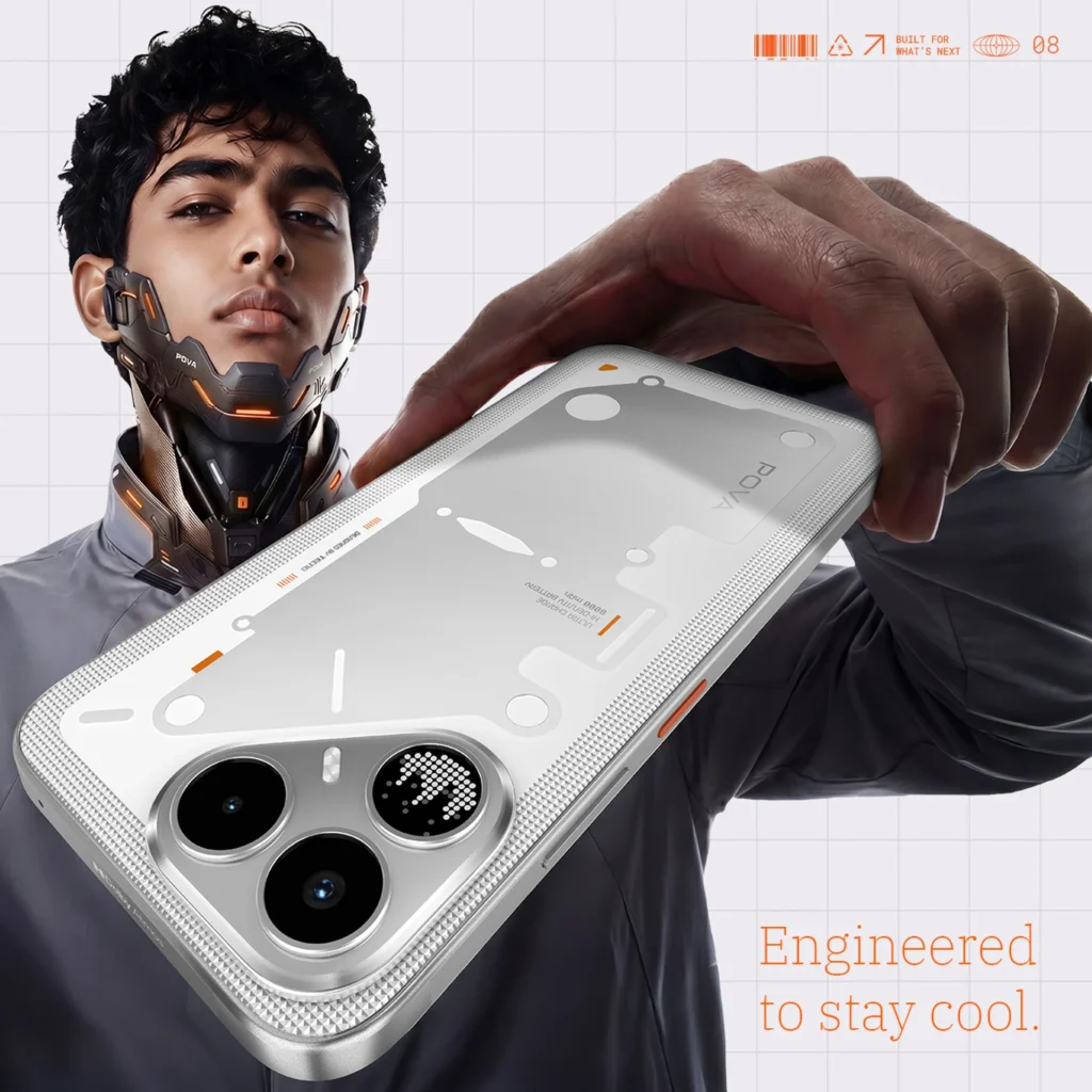 futuristic model holding the Tecno Pova 8 5G Arc White edition displaying its glowing dot-LED Alive Matrix interface and premium industrial design with the text Engineered to stay cool.